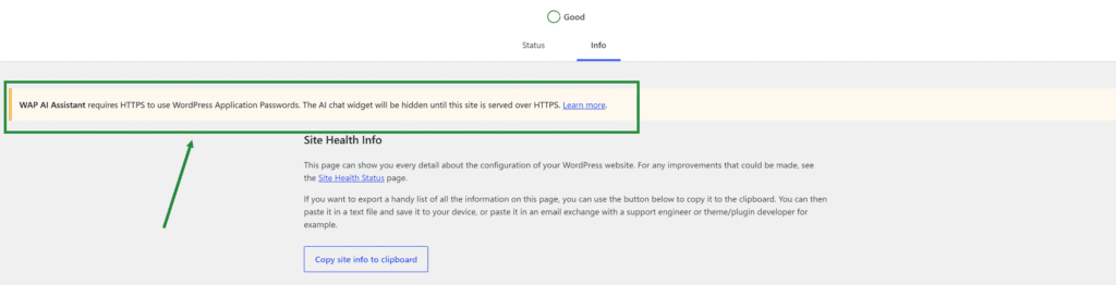 WordPress Application Password warning shown before troubleshooting the issue