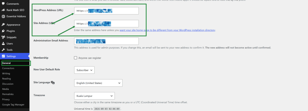 WordPress General Settings showing HTTPS in the WordPress Address and Site Address fields