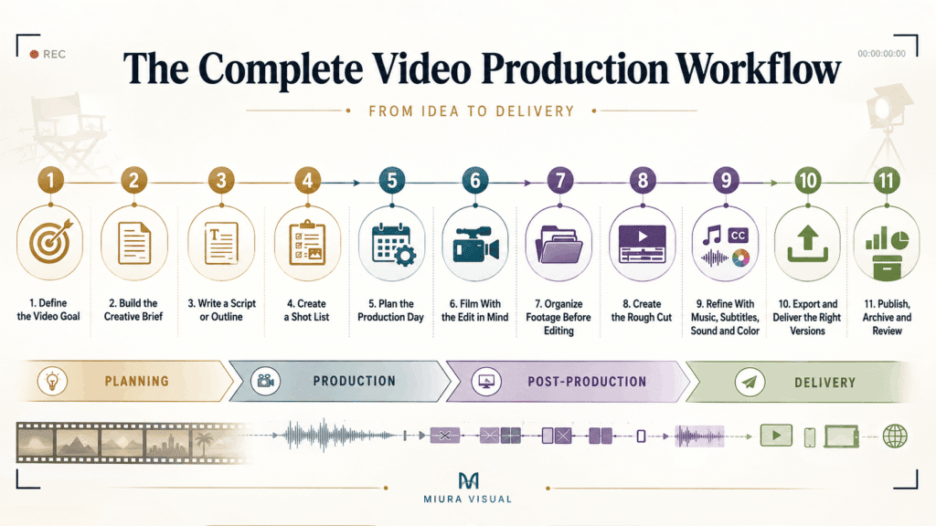 Complete video production workflow infographic showing the full process from video goal and creative brief to filming, editing, export, delivery, and review.