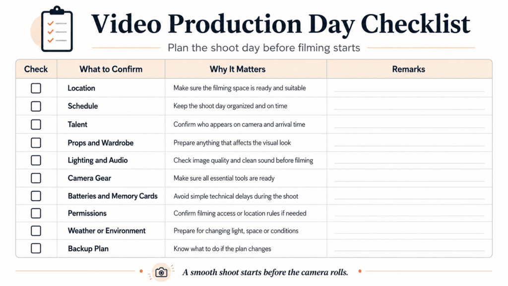 Video production day checklist with check boxes, what to confirm, why it matters, and remarks for planning a smooth shoot day.