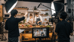 Miura Visual Blog & Insight 4 Video production workflow in a studio cooking show setup with a Chinese director, camera crew, and two foreign hosts filming a cooking program.